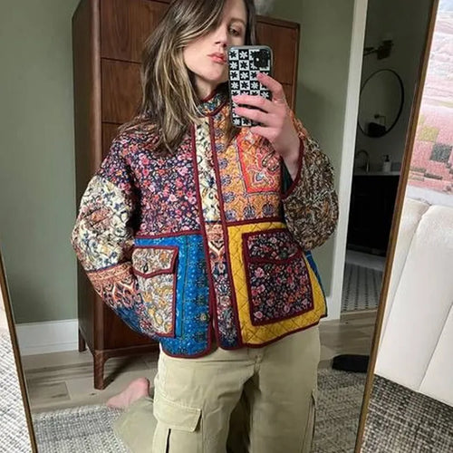 Kvinnors Quiltad Jacka Vintage Lapptäcksstil Polyester-1