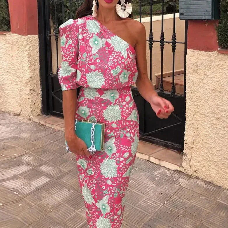 Dam Maxiklänning Tryckt Lätt Material Elegant Design-1