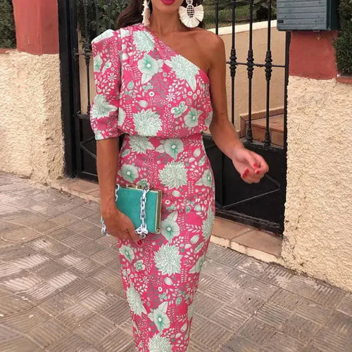 Dam Maxiklänning Tryckt Lätt Material Elegant Design-1