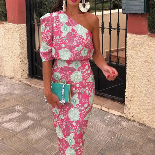 Dam Maxiklänning Tryckt Lätt Material Elegant Design-1