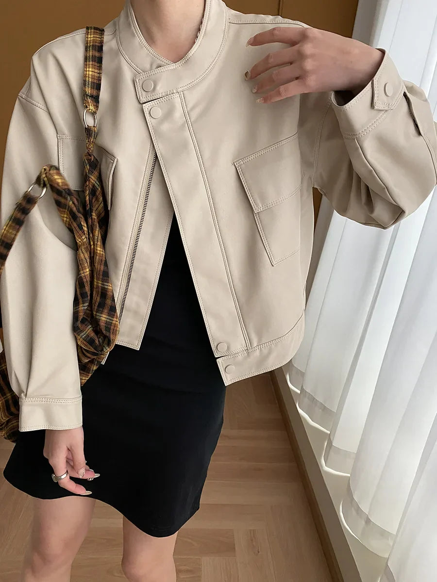Herrjacka Syntetiskt Läder Modern Design med Dragkedja och Fickor-6