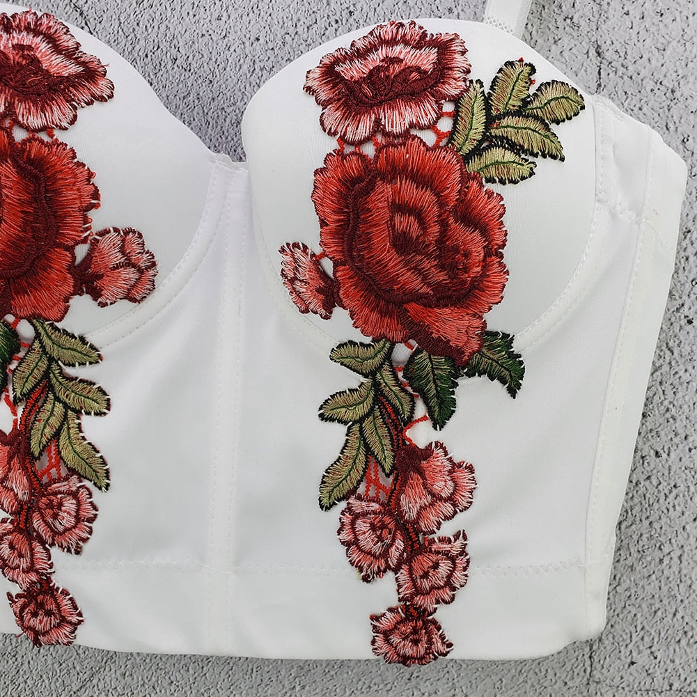 Kvinnors Crop Top Spaghetti Band Broderade Rosor Polyester Spandex-4