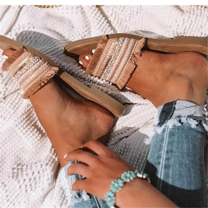 Dam Sandaler Etnisk Stil PU Gummi Platta Sula med Fransdetaljer-3