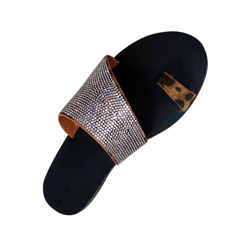 Dam Platta Sandaler Leopardmönstrad PU-Läder med Strass-2