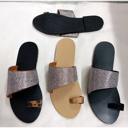 Dam Platta Sandaler Leopardmönstrad PU-Läder med Strass-3