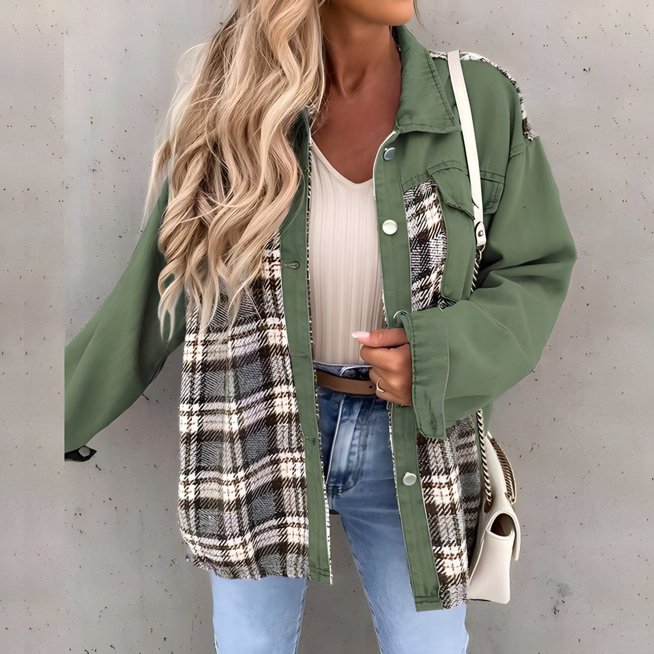 Kvinnojacka Rutig Denim Långärmad Trendig Avslappnad Stil 9