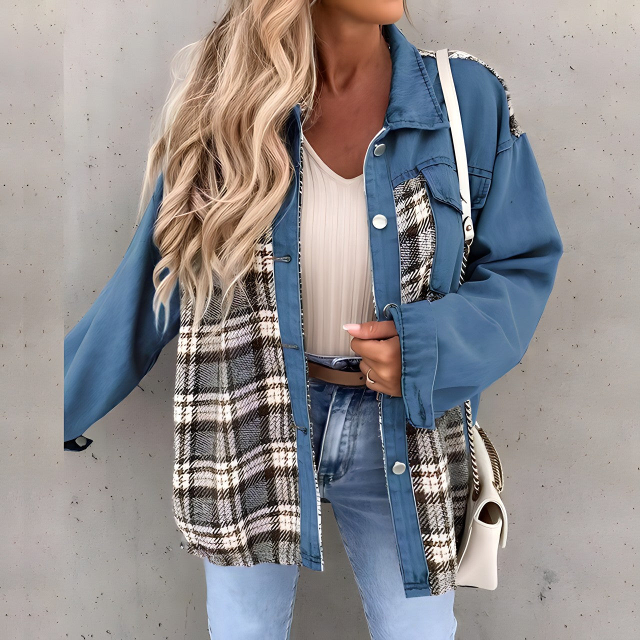 Kvinnojacka Rutig Denim Långärmad Trendig Avslappnad Stil 8