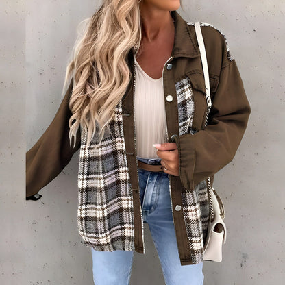 Kvinnojacka Rutig Denim Långärmad Trendig Avslappnad Stil 1