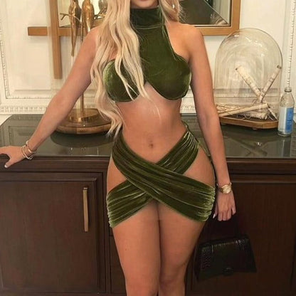 Kort Klänning Dam i Grön Sammet med Elastisk Midja - Ärmlös Festklänning Kort för Sommar-2