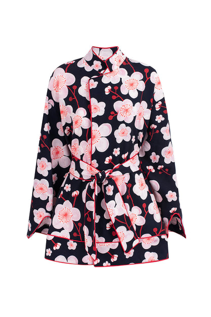 Herrskjorta Ståkrage Blommönster Polyester med Bälte-3