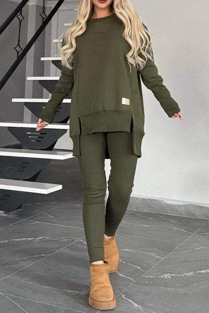 Kvinnors Tröja med Slits och Magra Byxor Hög Låg Nederkant 100% Bomull-5