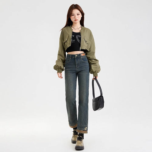 Snygga Byxor Dam Slim Fit Högmidjiga Förkortade Denim 0