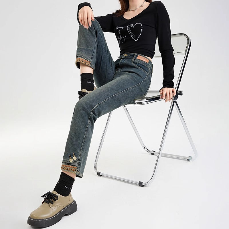 Snygga Byxor Dam Slim Fit Högmidjiga Förkortade Denim 2