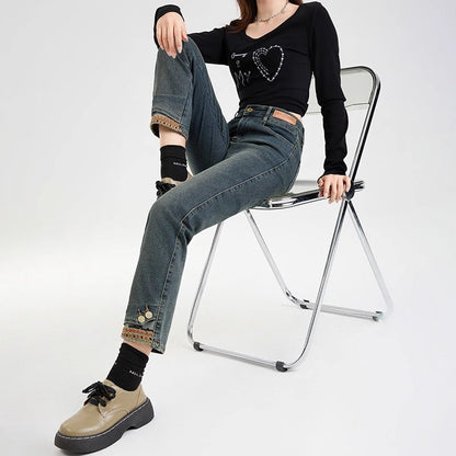 Snygga Byxor Dam Slim Fit Högmidjiga Förkortade Denim 2