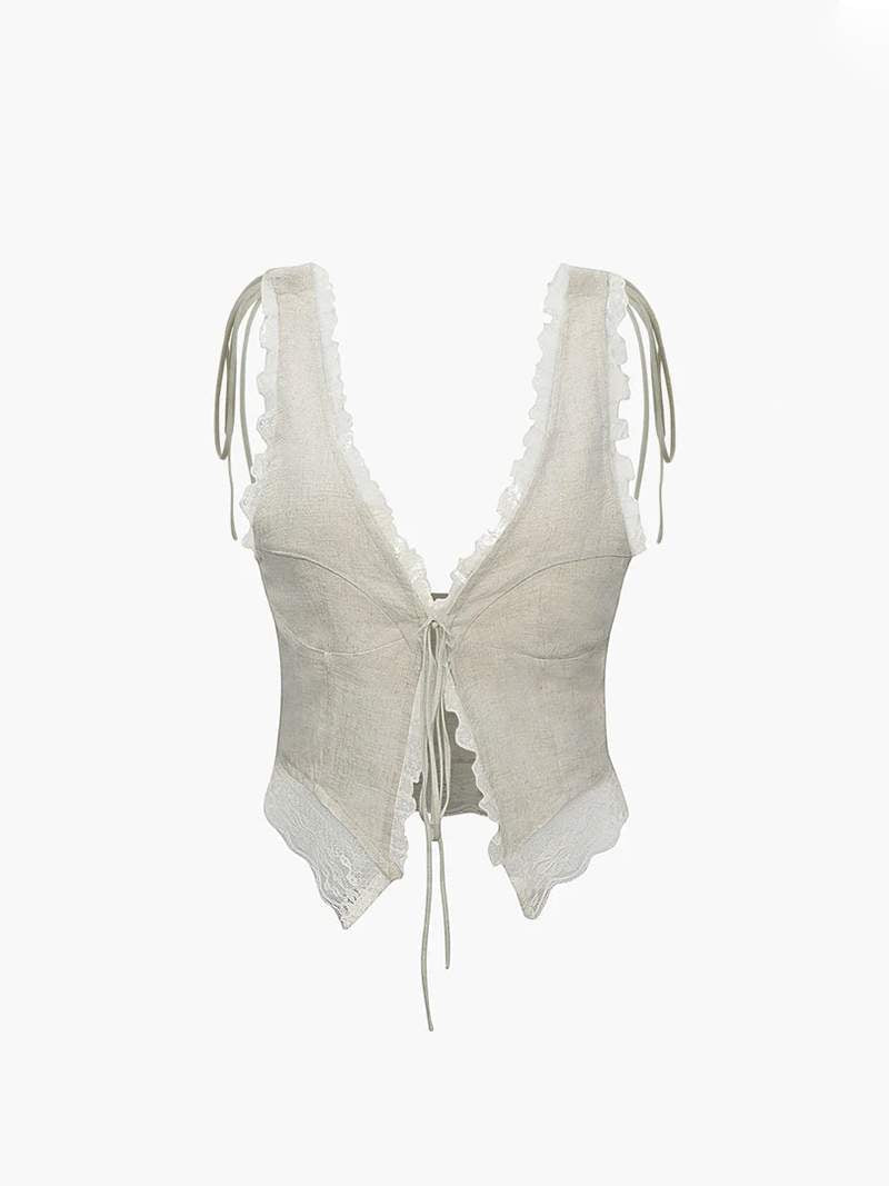 Kvinnotopp Spetsdetaljer Främre Bindning Lätt Tyg-4