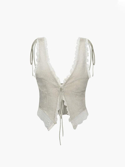 Kvinnotopp Spetsdetaljer Främre Bindning Lätt Tyg-4