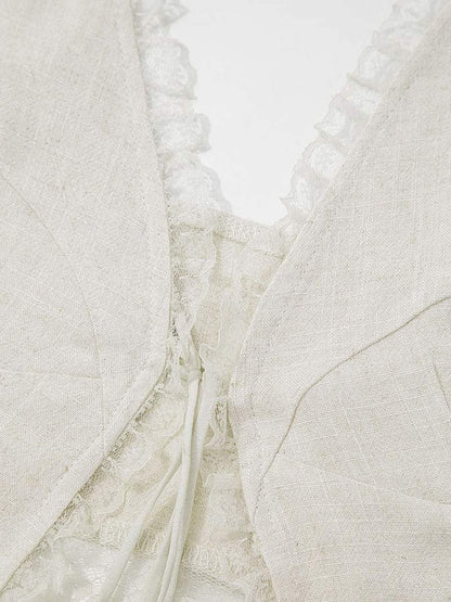 Kvinnotopp Spetsdetaljer Främre Bindning Lätt Tyg-3