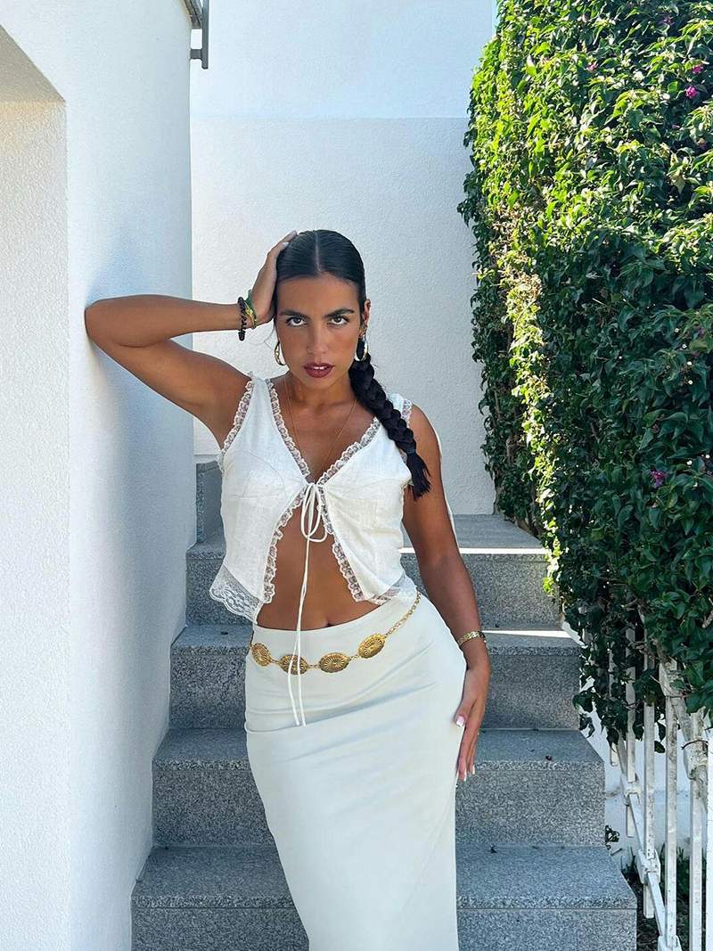 Kvinnotopp Spetsdetaljer Främre Bindning Lätt Tyg-6