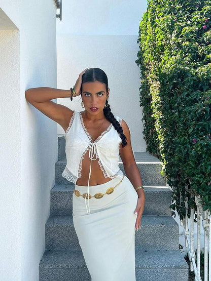 Variant image for Kvinnotopp Spetsdetaljer Främre Bindning Lätt Tyg-2