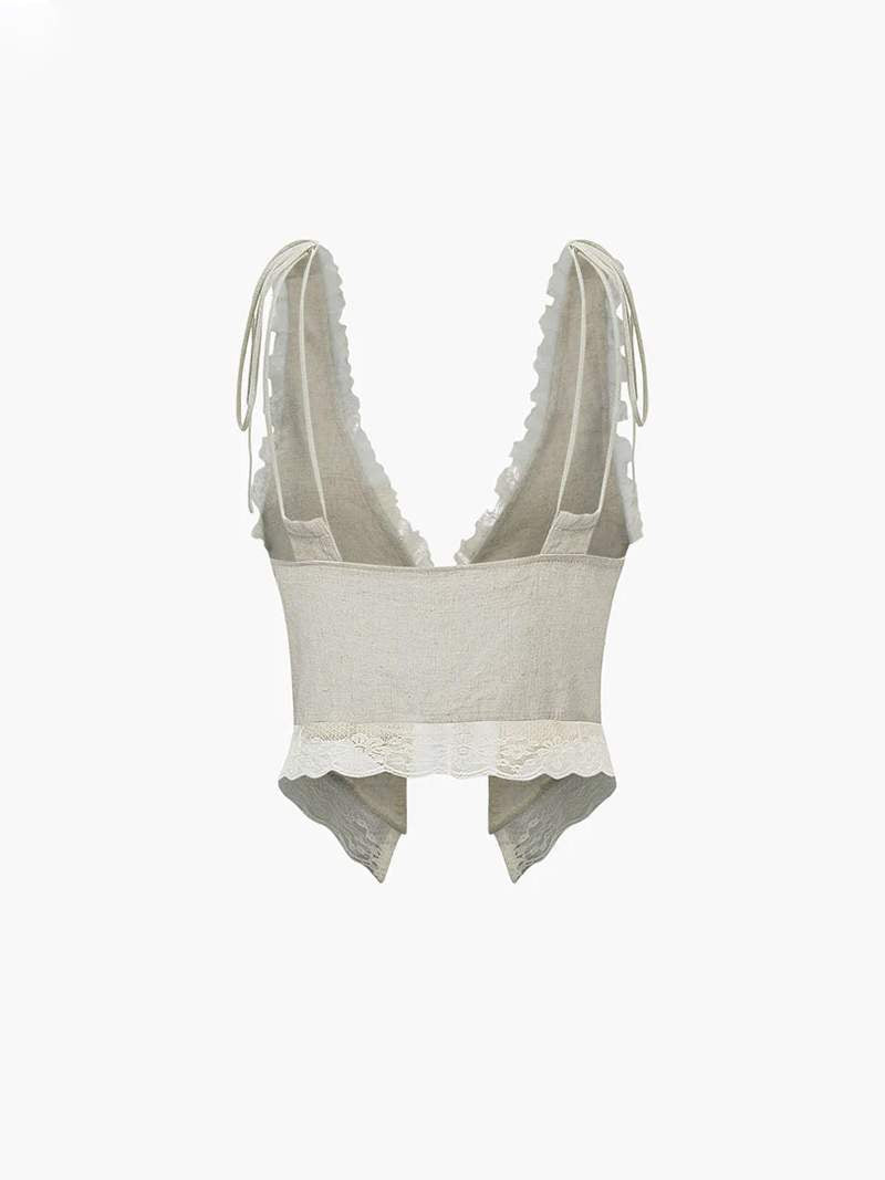 Kvinnotopp Spetsdetaljer Främre Bindning Lätt Tyg-5