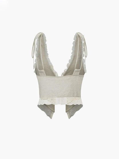 Kvinnotopp Spetsdetaljer Främre Bindning Lätt Tyg-5