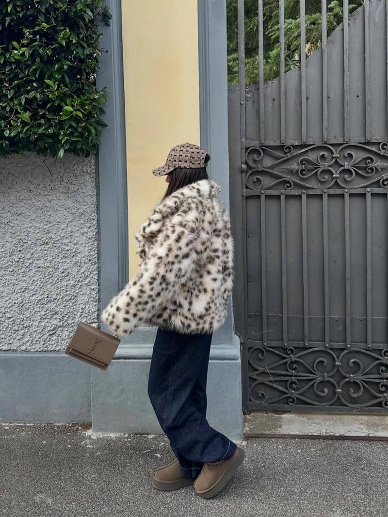 Dam Läderjacka Leopardmönster Fitted Läder-4