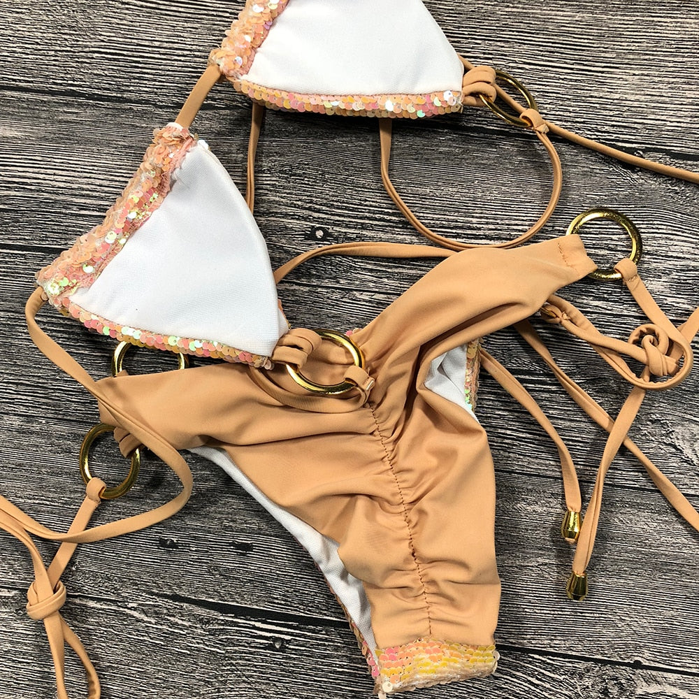 Dam Bikini Trådlös med Paljetter i Nylon och Spandex-6