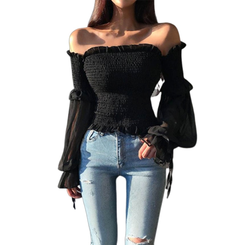Dam Off-Shoulder Crop Top med Lanternärmar i Polyester för Festtoppar-4