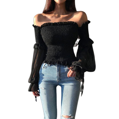 Dam Off-Shoulder Crop Top med Lanternärmar i Polyester för Festtoppar-4
