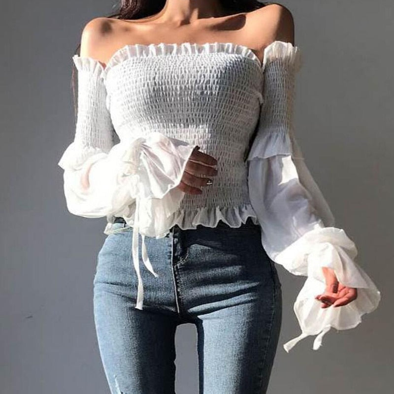 Dam Off-Shoulder Crop Top med Lanternärmar i Polyester för Festtoppar-5
