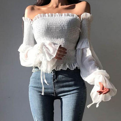 Dam Off-Shoulder Crop Top med Lanternärmar i Polyester för Festtoppar-5