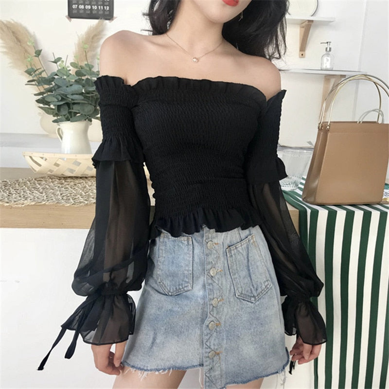 Dam Off-Shoulder Crop Top med Lanternärmar i Polyester för Festtoppar-2