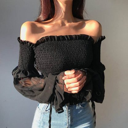 Dam Off-Shoulder Crop Top med Lanternärmar i Polyester för Festtoppar-3
