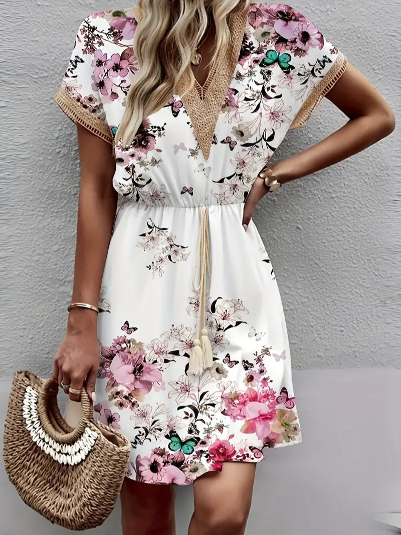 Damklänning Boho V-ringning Korta Ärmar Polyester-4