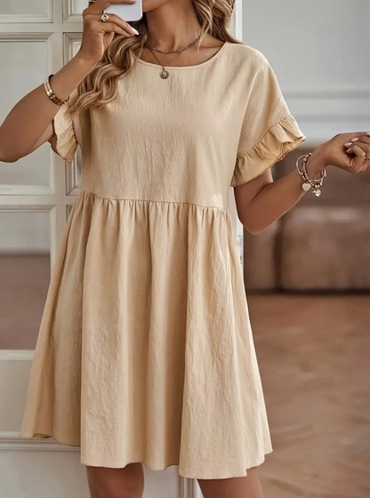 Kvinna Kort Klänning Löst Fit med Ruffle i Bomull för Sommar-4