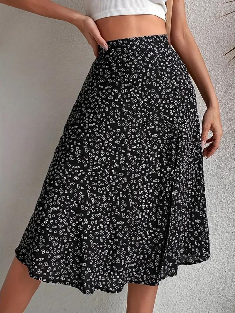 Dam Midi Kjol Blommig Hög Midja Polyester-3