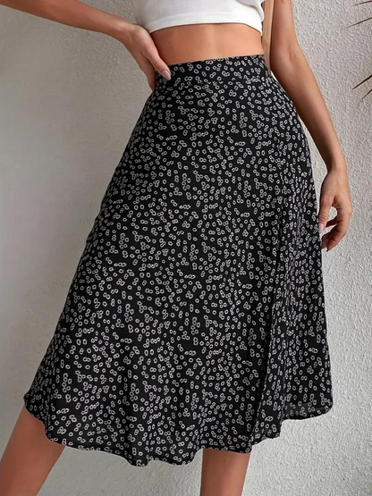 Dam Midi Kjol Blommig Hög Midja Polyester-3