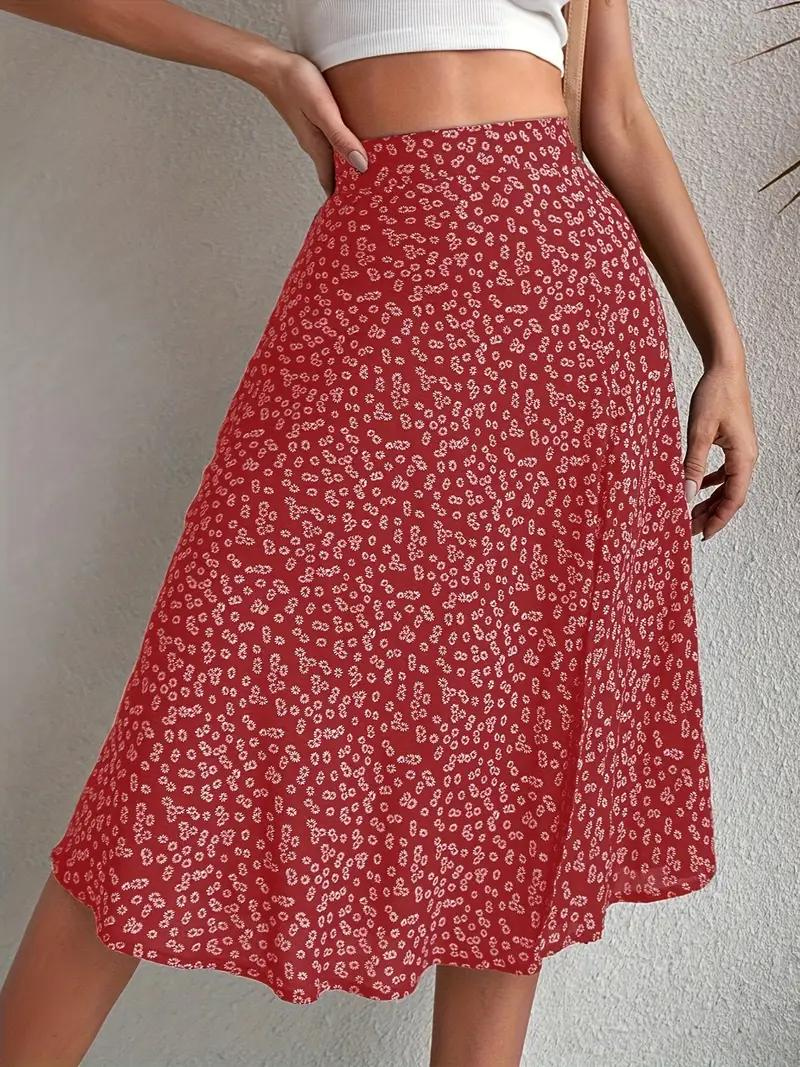 Dam Midi Kjol Blommig Hög Midja Polyester-6