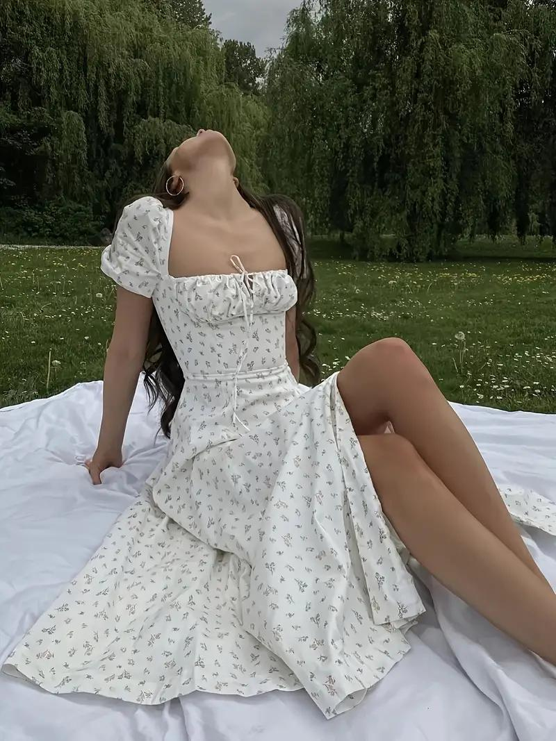 Maxiklänning Dam med Blomtryck och Puffärmar – Elegant Polyester Klänning för Sommarens Fester och Evenemang 2