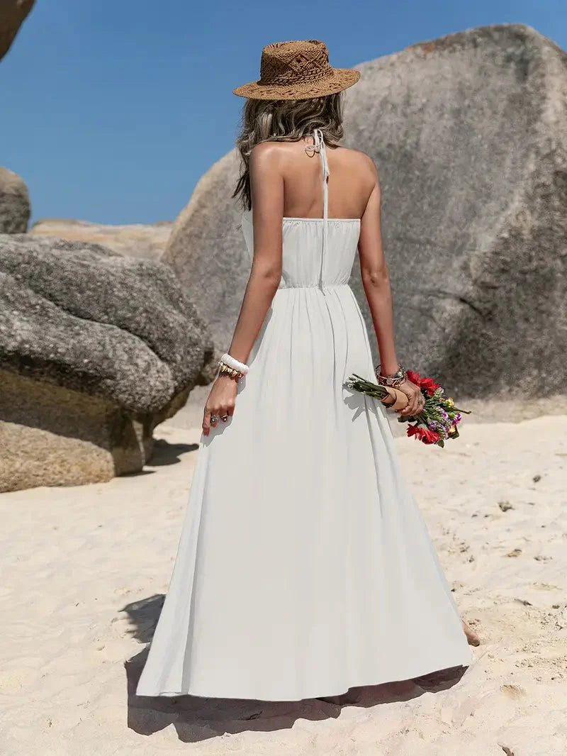 Dam Maxiklänning Halterneck Viskos med Knappfront-4