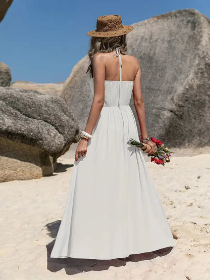 Dam Maxiklänning Halterneck Viskos med Knappfront-4