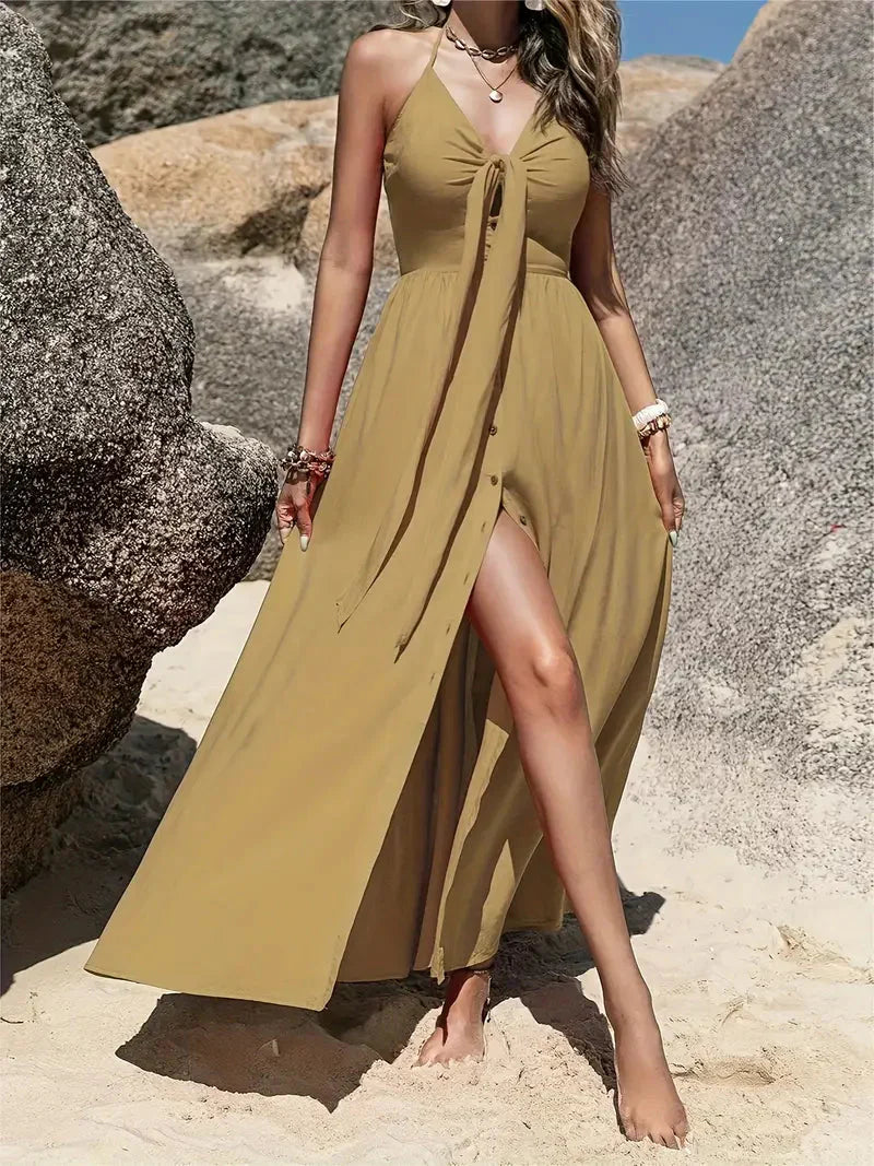 Variant image for Dam Maxiklänning Halterneck Viskos med Knappfront-9