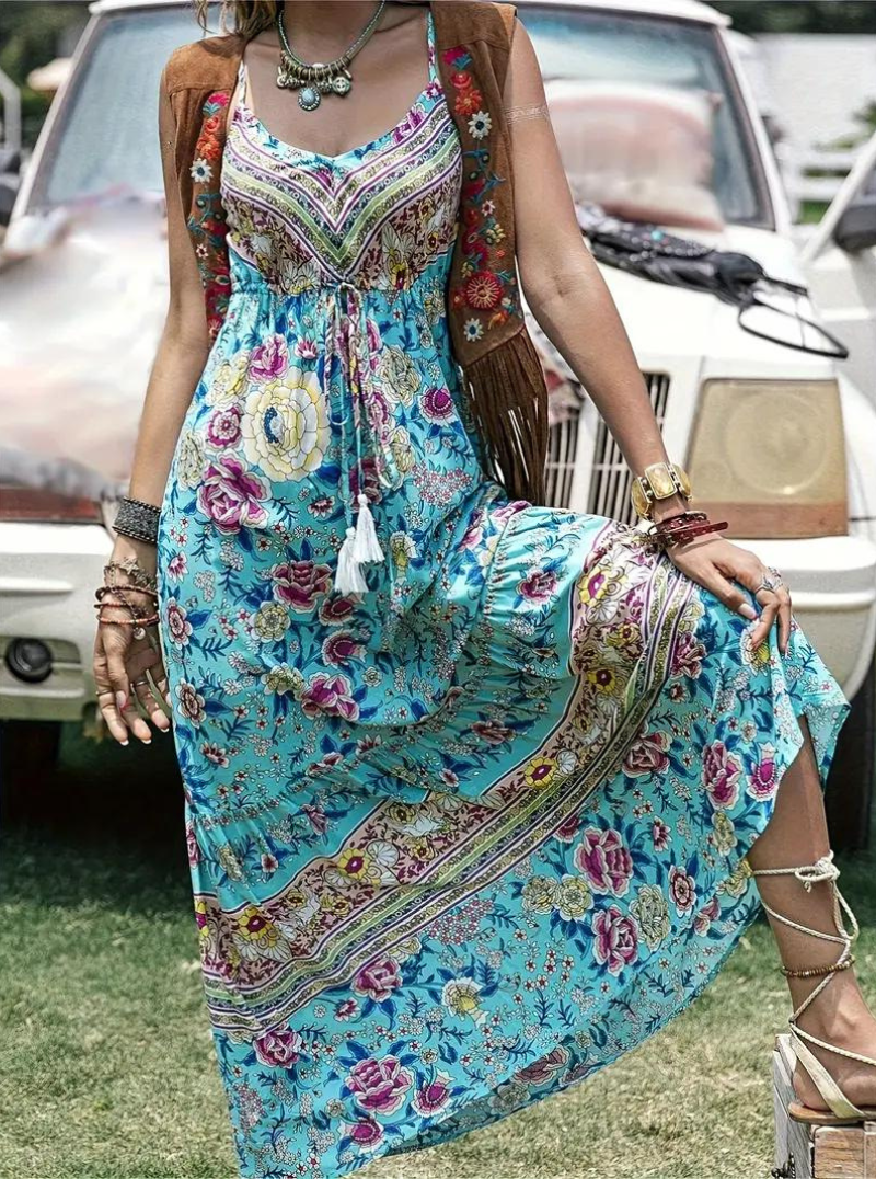 Dam Maxiklänning Ärmlös Boho Blommönster Lätt Bomull Sommar-2