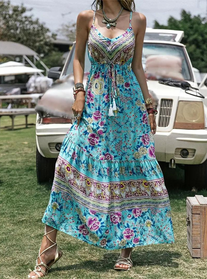 Dam Maxiklänning Ärmlös Boho Blommönster Lätt Bomull Sommar-4