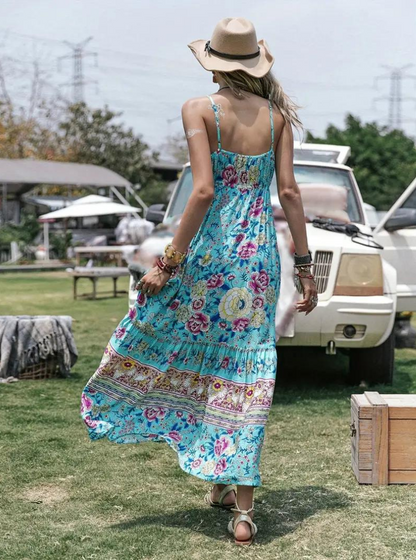 Dam Maxiklänning Ärmlös Boho Blommönster Lätt Bomull Sommar-5