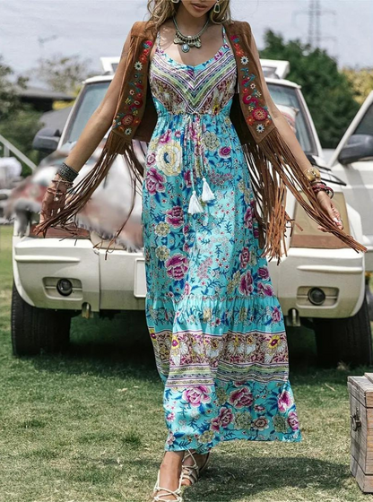 Variant image for Dam Maxiklänning Ärmlös Boho Blommönster Lätt Bomull Sommar-1