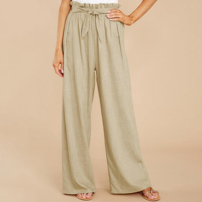 Dam Hög Midja Byxor Av Bomull och Polyester, Avslappnad Stil, Bred Passform-5