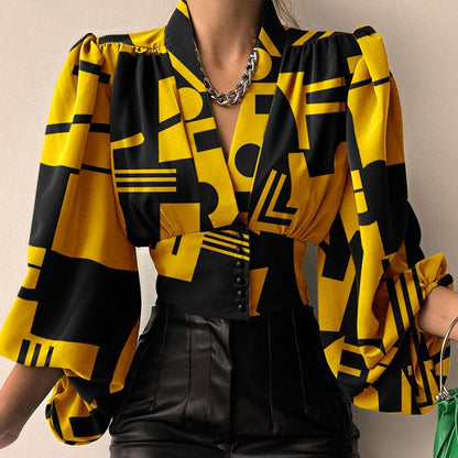 Dam Blus med Lykta Ärmar V-Hals Polyester-5