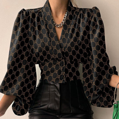 Dam Blus med Lykta Ärmar V-Hals Polyester-3