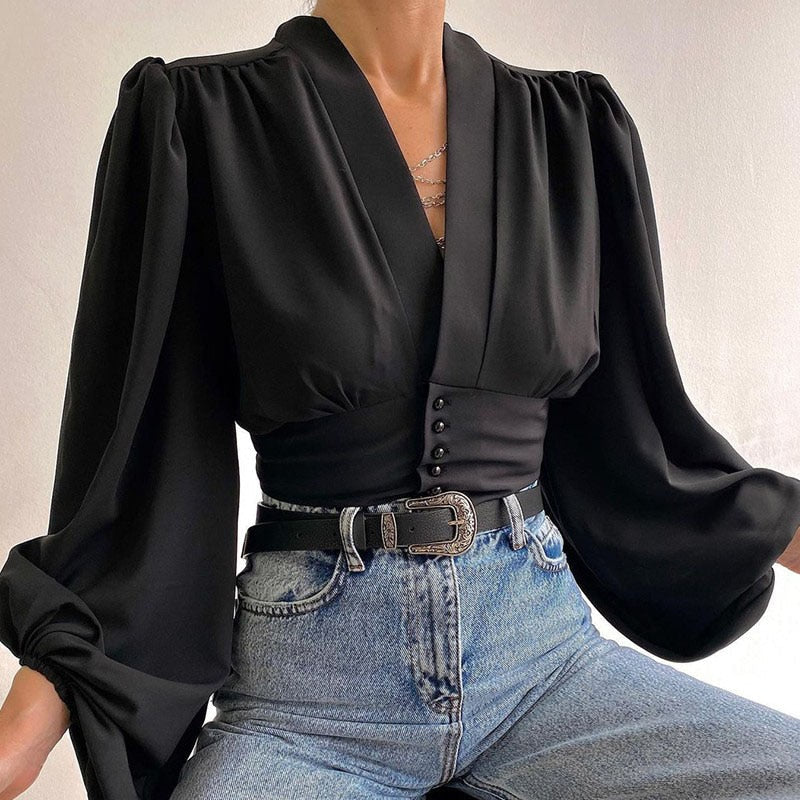 Dam Blus med Lykta Ärmar V-Hals Polyester-2